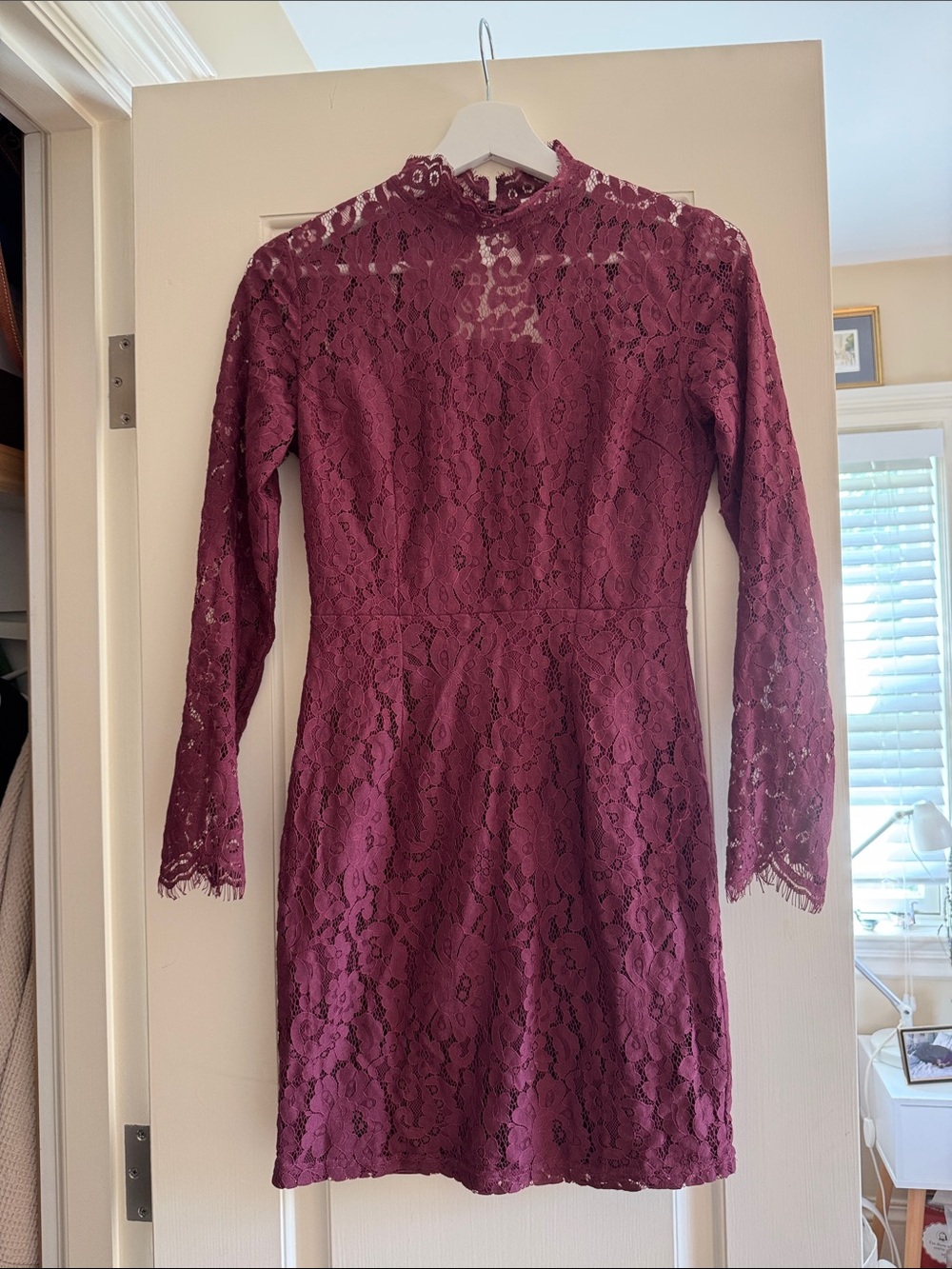 Charlotte Russe Wine Lace Long-Sleeve High Neck Dress